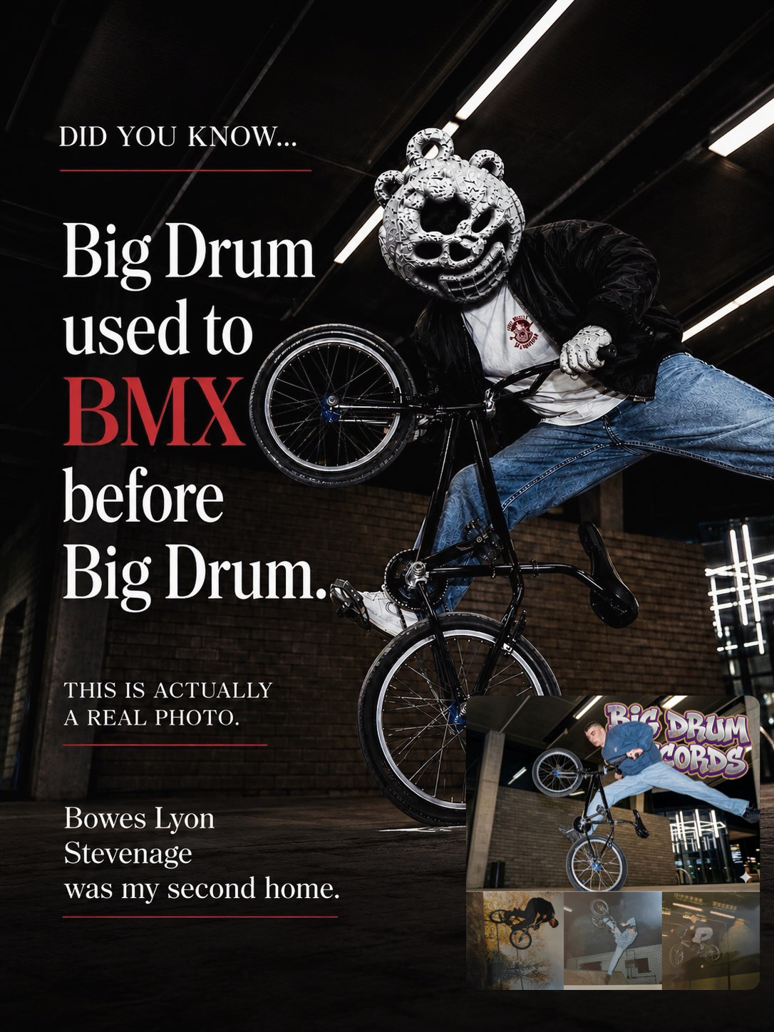 Barry the Big Drum Records mascot on a BMX
