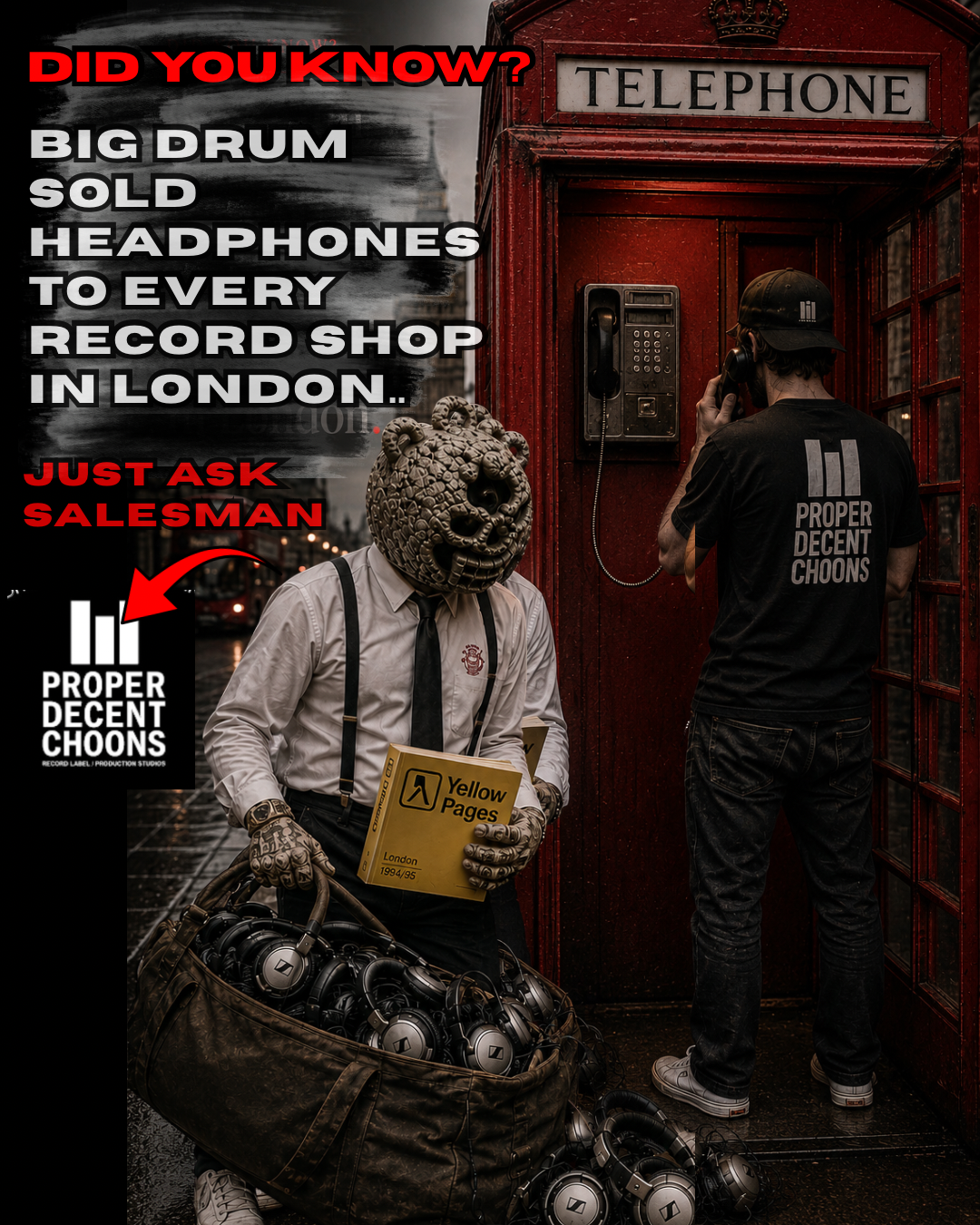Barry the Big Drum Records mascot selling headphones